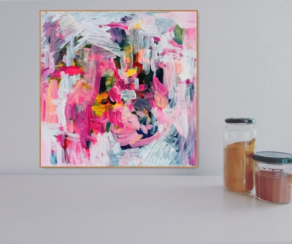 A forma rosa vista de dentro, pintura abstrata original de Ana Rolaça Costa com moldura